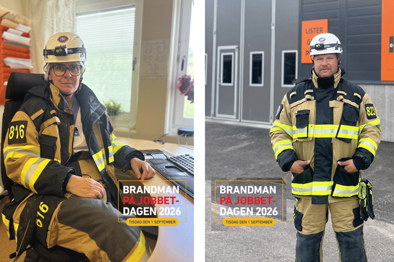 En kvinna och en man i brandmanna-kläder.